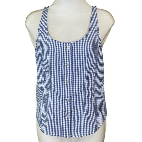 Thakoon Collective Blue & White Gingham Button-Down Sleeveless Designer Top Sz 6 - Picture 1 of 8